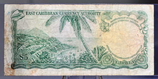 1965 East Caribbean States 5 Dollar Banknote - K Overprint, St. Kitts & Nevis Issue - 1965 British East Caribbean Five Dollar Note - P#14l