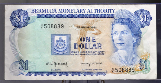 1979-82 Bermuda Monetary Authority 1 Dollar Note - Choice of Issue Date - 1982 British Bermuda One Dollar Banknote - P#28b