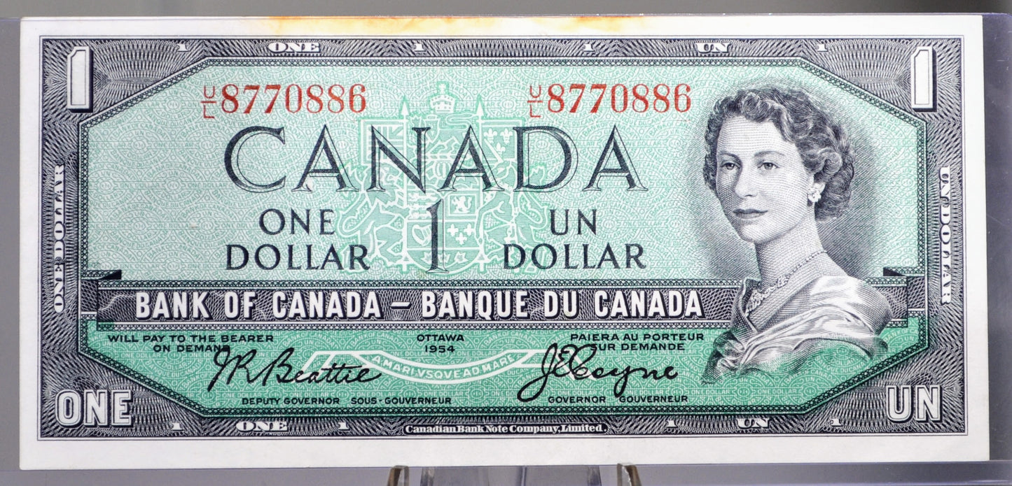 1954 Bank of Canada 1 Dollar Banknote - Modified Issue - Beattie-Coyne Signatures - 1954 Canadian One Dollar Altered Portrait Note - P#74a