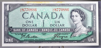 1954 Bank of Canada 1 Dollar Banknote - Modified Issue - Beattie-Coyne Signatures - 1954 Canadian One Dollar Altered Portrait Note - P#74a