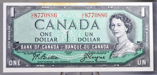 1954 Bank of Canada 1 Dollar Banknote - Modified Issue - Beattie-Coyne Signatures - 1954 Canadian One Dollar Altered Portrait Note - P#74a