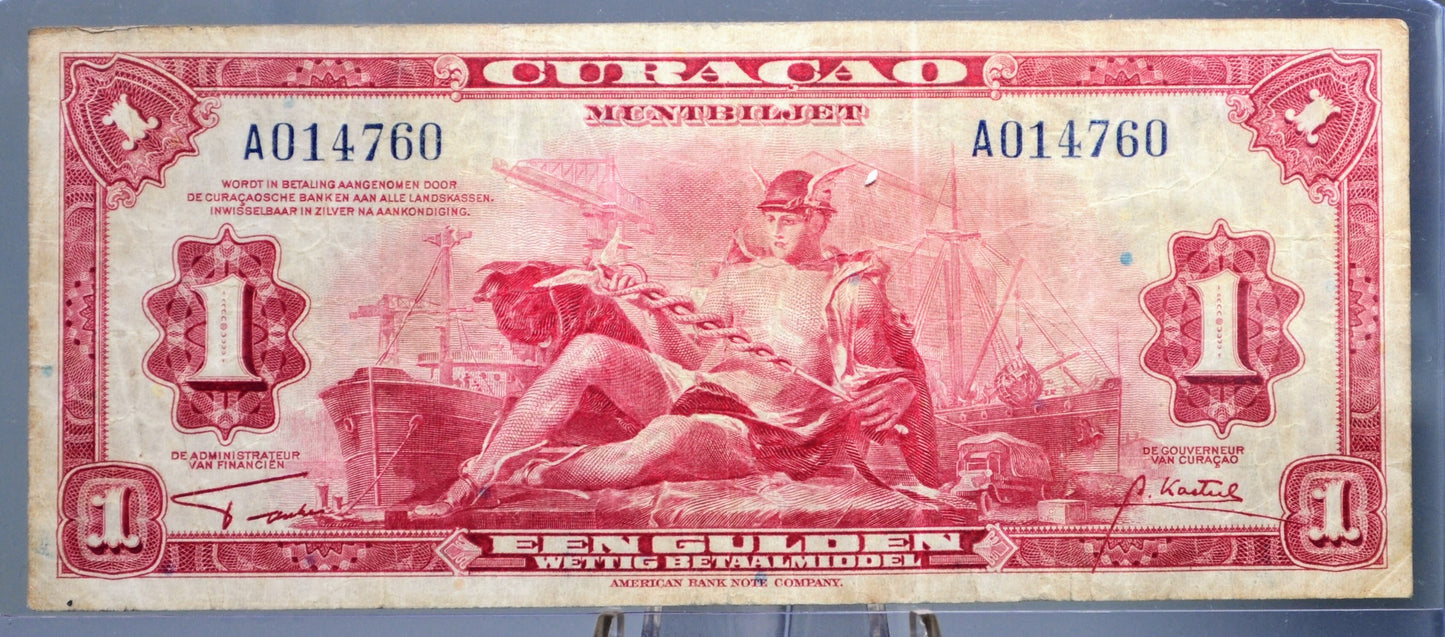 1942 Dutch Curacao 1 Gulden Banknote - Muntbiljet Issue - A Prefix - Rare 1942 Netherlands Curacao WWII One Gulden Note - P#35a