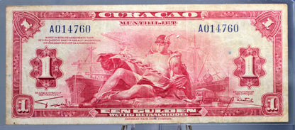 1942 Dutch Curacao 1 Gulden Banknote - Muntbiljet Issue - A Prefix - Rare 1942 Netherlands Curacao WWII One Gulden Note - P#35a