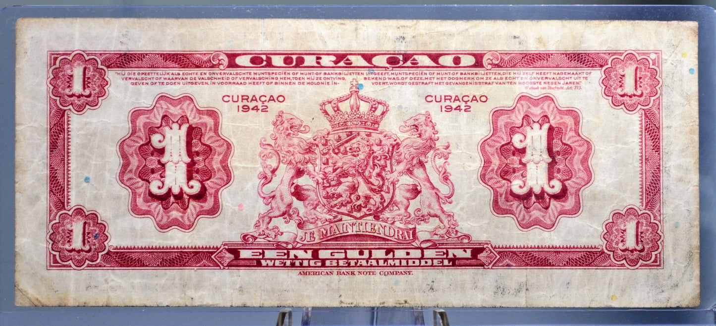 1942 Dutch Curacao 1 Gulden Banknote - Muntbiljet Issue - A Prefix - Rare 1942 Netherlands Curacao WWII One Gulden Note - P#35a