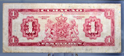 1942 Dutch Curacao 1 Gulden Banknote - Muntbiljet Issue - A Prefix - Rare 1942 Netherlands Curacao WWII One Gulden Note - P#35a
