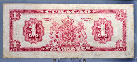 1942 Dutch Curacao 1 Gulden Banknote - Muntbiljet Issue - A Prefix - Rare 1942 Netherlands Curacao WWII One Gulden Note - P#35a