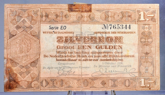 1938 Netherlands Zilverbon 1 Gulden Note - Silver Certificate - Series EO - 1938 Netherlands One Gulden Silver Note - P#61