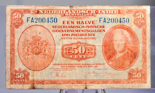 1943 Dutch East Indies Half Gulden Banknote - 1943 Muntbiljet Issue - Netherlands Indies WWII Occupation 50 Cent Gulden Note 1943 - P#110a