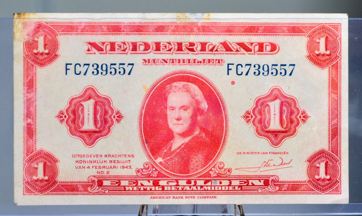 1943 Netherlands 1 Gulden Banknote - Rarer Left Facing Portrait - Muntbiljet Issue - WWII Era Netherlands One Gulden Note 1943 - P#64