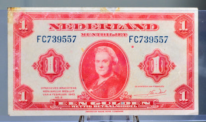 1943 Netherlands 1 Gulden Banknote - Rarer Left Facing Portrait - Muntbiljet Issue - WWII Era Netherlands One Gulden Note 1943 - P#64