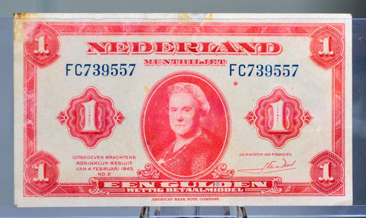 1943 Netherlands 1 Gulden Banknote - Rarer Left Facing Portrait - Muntbiljet Issue - WWII Era Netherlands One Gulden Note 1943 - P#64