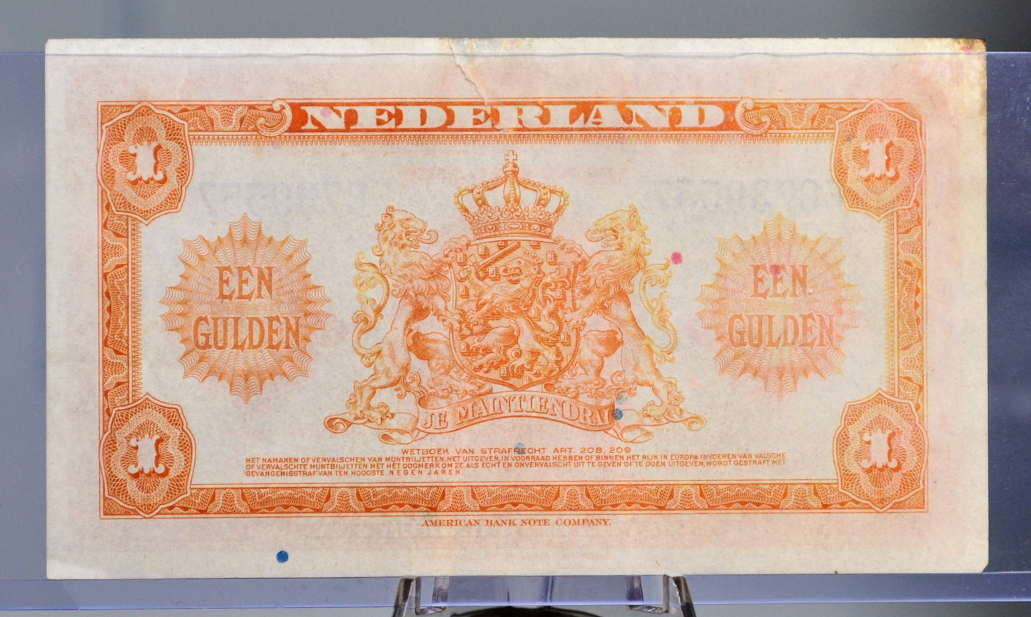 1943 Netherlands 1 Gulden Banknote - Rarer Left Facing Portrait - Muntbiljet Issue - WWII Era Netherlands One Gulden Note 1943 - P#64