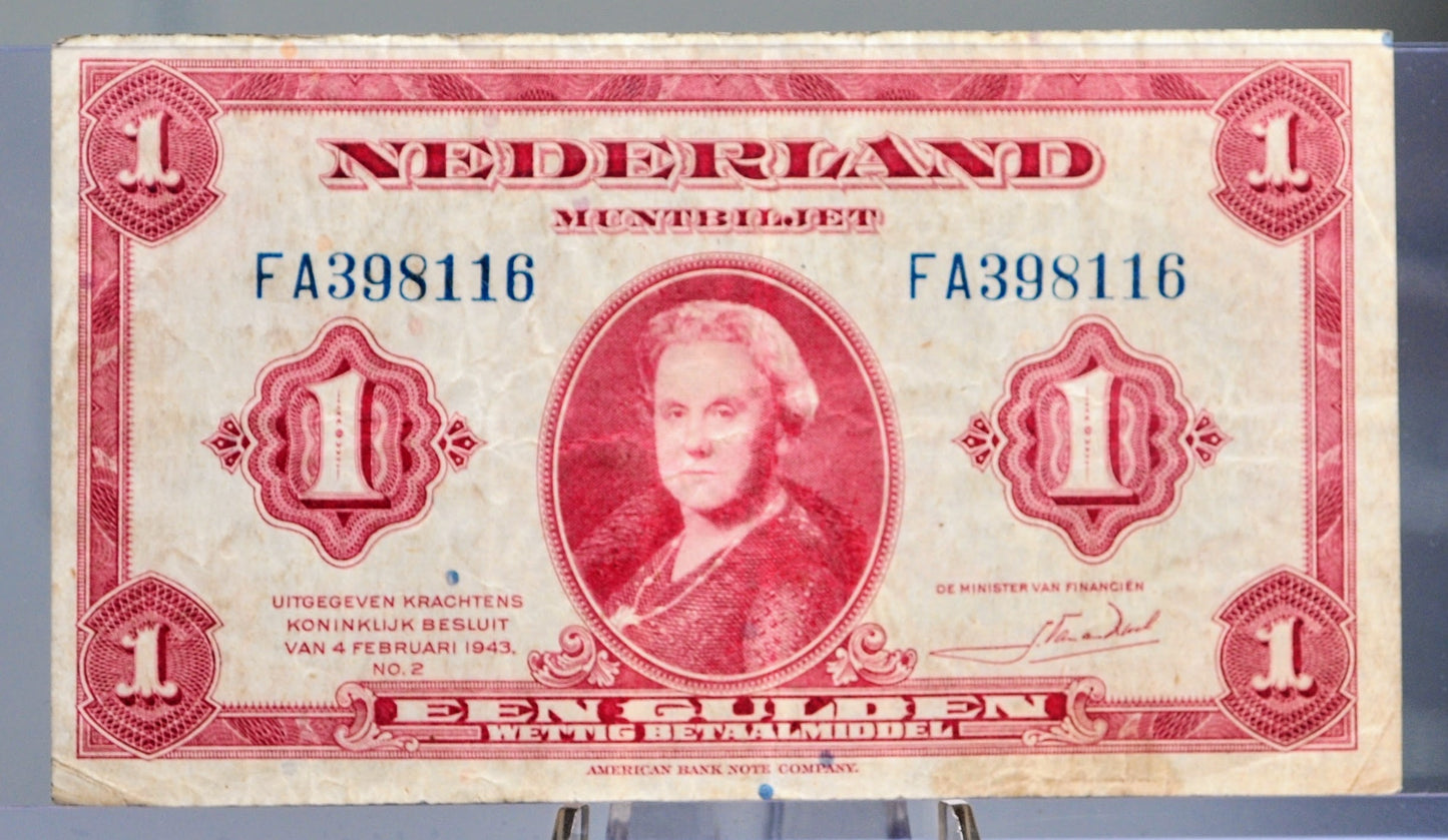 1943 Netherlands 1 Gulden Banknote - Rarer Left Facing Portrait - Muntbiljet Issue - WWII Era Netherlands One Gulden Note 1943 - P#64