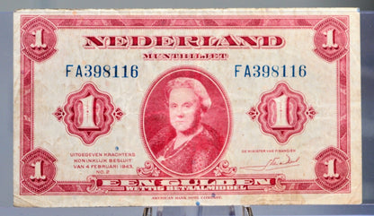 1943 Netherlands 1 Gulden Banknote - Rarer Left Facing Portrait - Muntbiljet Issue - WWII Era Netherlands One Gulden Note 1943 - P#64