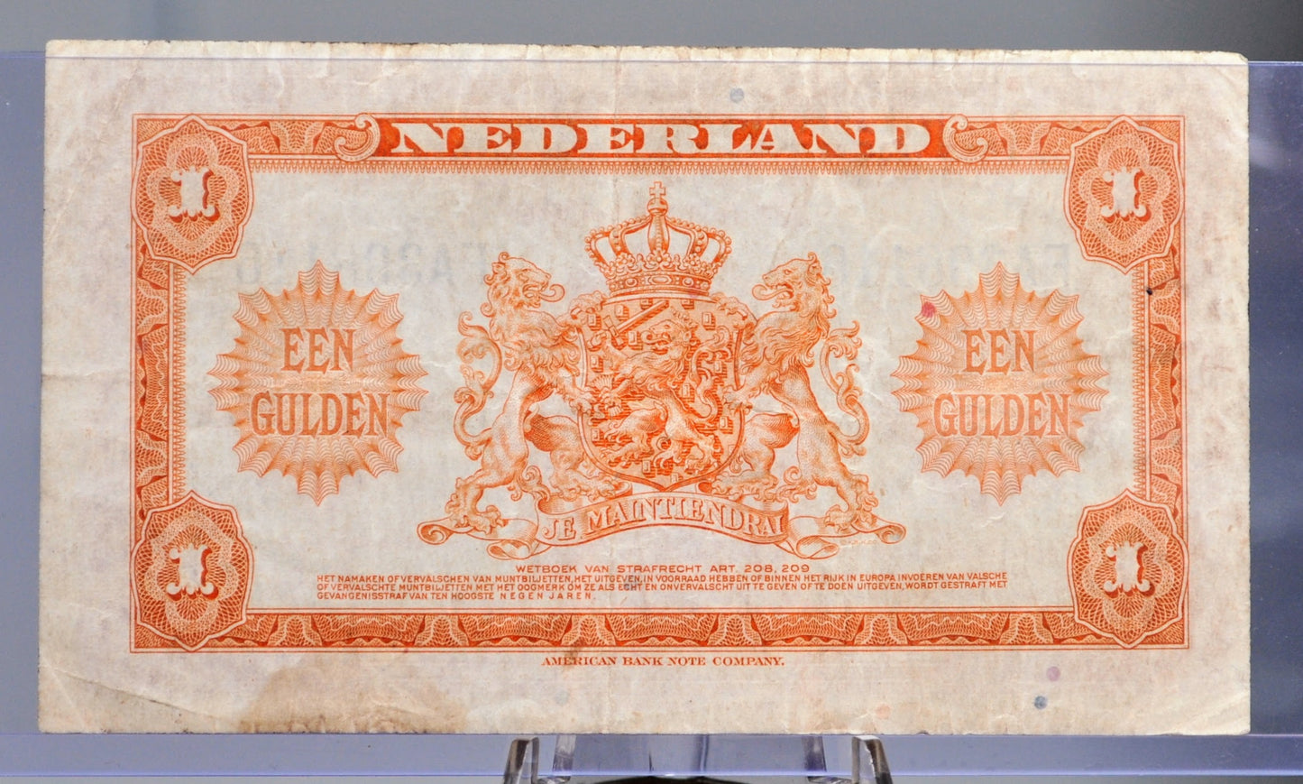 1943 Netherlands 1 Gulden Banknote - Rarer Left Facing Portrait - Muntbiljet Issue - WWII Era Netherlands One Gulden Note 1943 - P#64