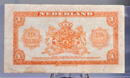 1943 Netherlands 1 Gulden Banknote - Rarer Left Facing Portrait - Muntbiljet Issue - WWII Era Netherlands One Gulden Note 1943 - P#64
