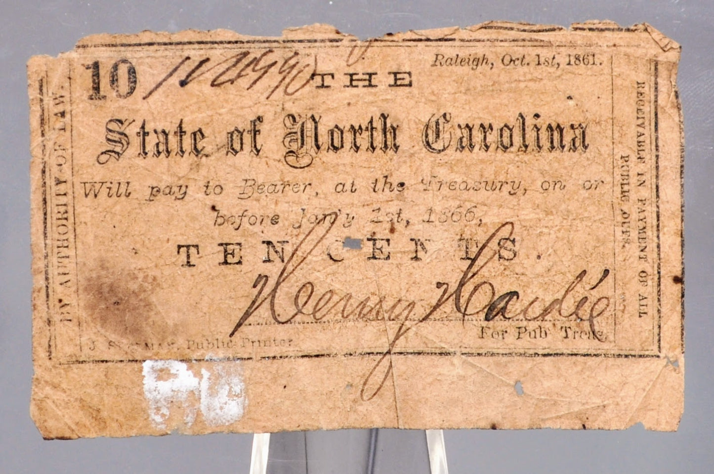 1861 State of North Carolina 10 Cent Obsolete Note - Confederate Fractional Currency - 1861 Raleigh NC Ten Cents Obsolete Note