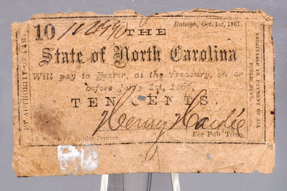 1861 State of North Carolina 10 Cent Obsolete Note - Confederate Fractional Currency - 1861 Raleigh NC Ten Cents Obsolete Note