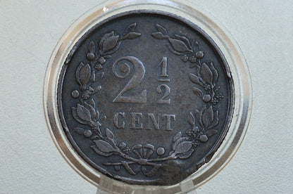 1877 Netherlands 2 1/2 Cent Coin - F/VF Condition - King William III of Netherlands - High Grade -