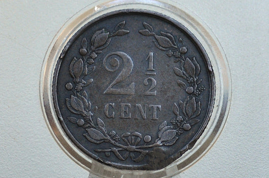 1877 Netherlands 2 1/2 Cent Coin - F/VF Condition - King William III of Netherlands - High Grade -