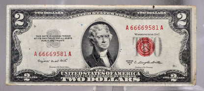 1953B Red Seal Legal Tender 2 Dollar Note - Fancy Repeating Serial Number - 66669581 - 1953-B Two Dollar Legal Tender Note - Fr#1511