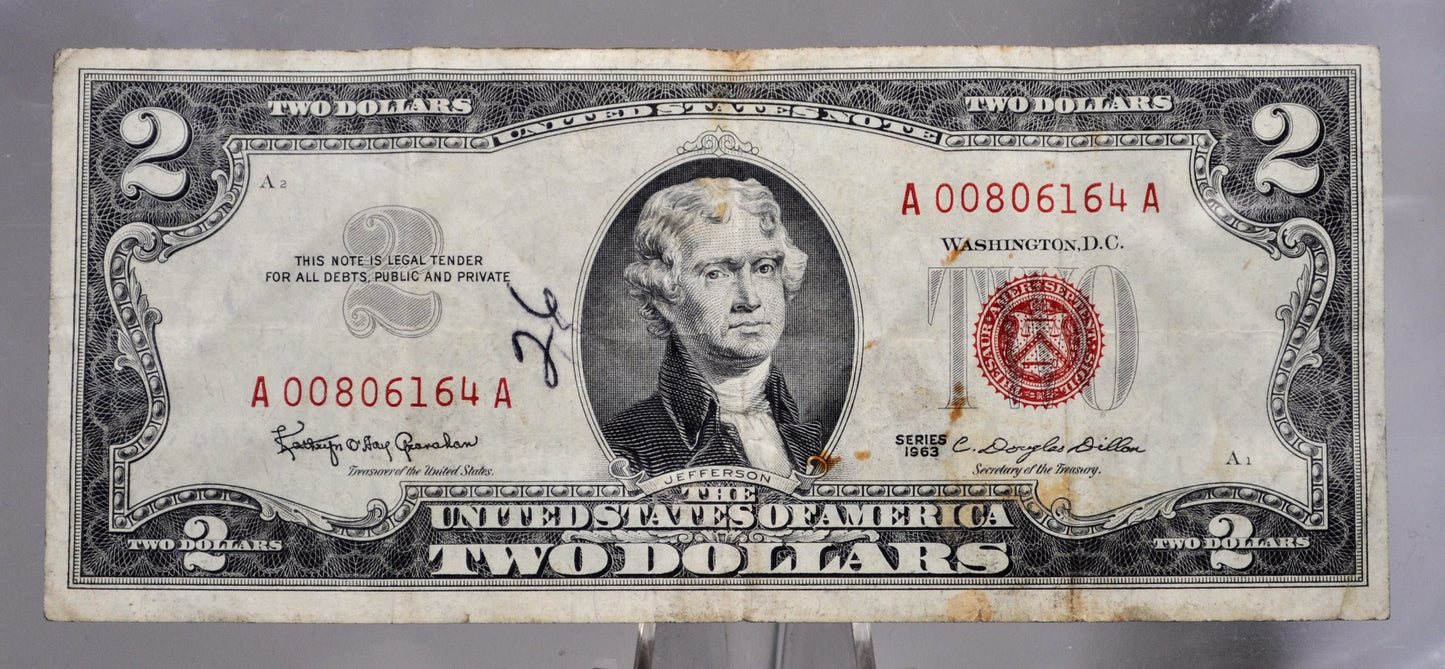 1963 U.S. Legal Tender 2 Dollar Note - Low Serial Number - 00806164 - 1963 Two Dollar Low Serial Red Seal Note - Fr#1513