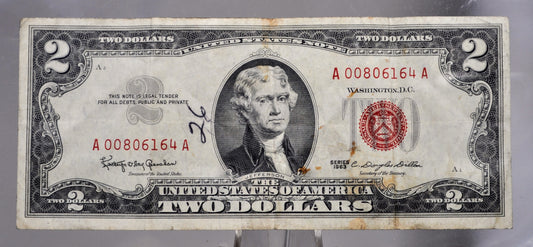 1963 U.S. Legal Tender 2 Dollar Note - Low Serial Number - 00806164 - 1963 Two Dollar Low Serial Red Seal Note - Fr#1513