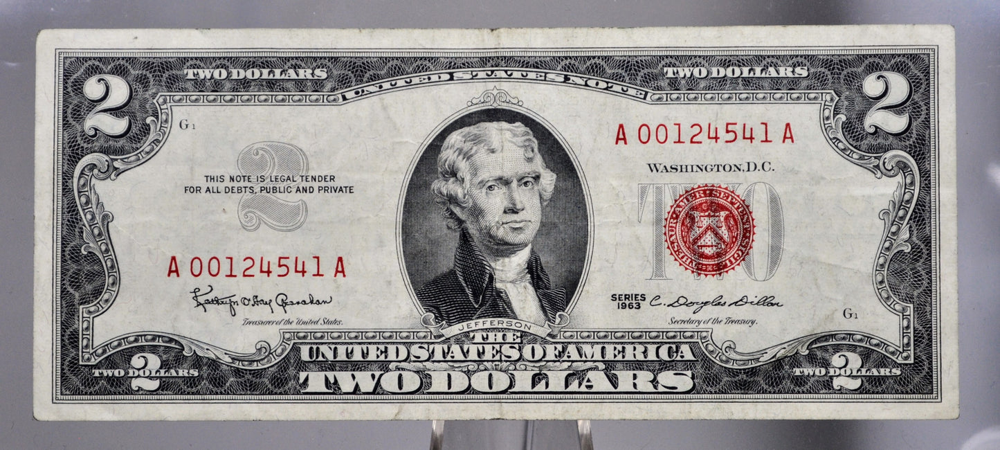1963 U.S. Legal Tender 2 Dollar Note - Low Serial Number - 00124541 - 1963 Two Dollar Low Serial Red Seal Note - Fr#1513