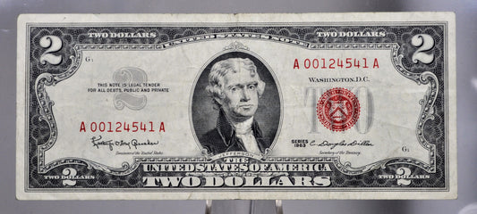 1963 U.S. Legal Tender 2 Dollar Note - Low Serial Number - 00124541 - 1963 Two Dollar Low Serial Red Seal Note - Fr#1513