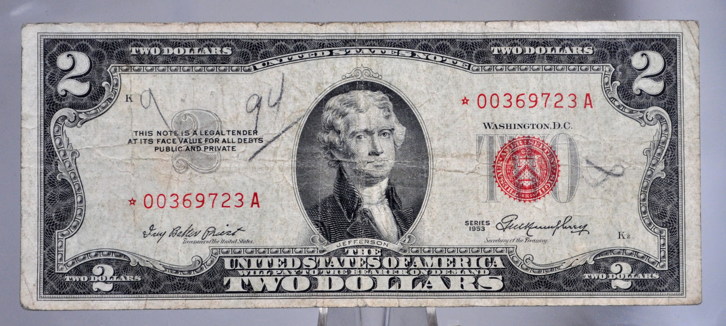 1953 STAR Red Seal 2 Dollar Note - VF (Very Fine) Grade - LOW Serial Number - 00369723 - 1953 Two Dollar U.S. Star Note - Fr#1509*