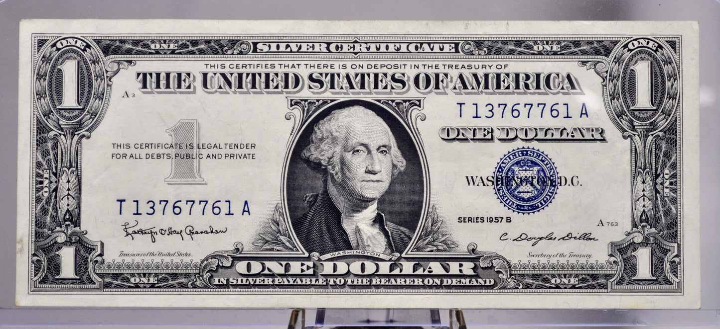 1957 B Silver Certificate 1 Dollar Note - AU Grade - Fancy Repeating Serial - 13767761 - 1957B One Dollar Blue Seal Banknote - Fr#1621