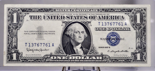 1957 B Silver Certificate 1 Dollar Note - AU Grade - Fancy Repeating Serial - 13767761 - 1957B One Dollar Blue Seal Banknote - Fr#1621