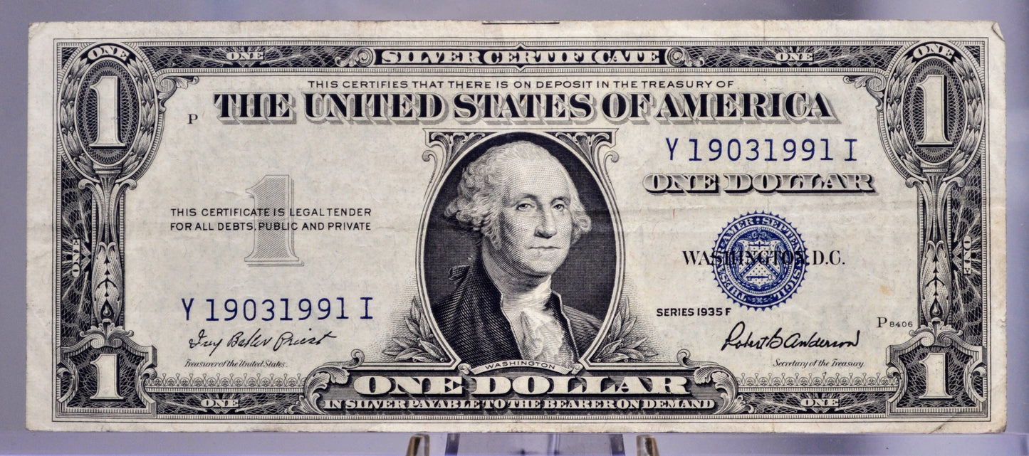 1935 F Silver Certificate 1 Dollar Banknote - Fancy Birthday Serial Number - 19031991 - 1935F Blue Seal Silver Birth Year Note - Fr.1615