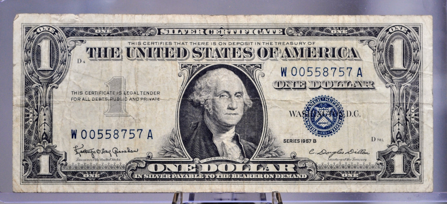 1957 B Silver Certificate 1 Dollar Note - Low Fancy Repeating Serial Number - 00558757 - 1957B One Dollar Blue Seal Banknote - Fr#1621