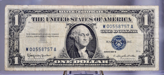 1957 B Silver Certificate 1 Dollar Note - Low Fancy Repeating Serial Number - 00558757 - 1957B One Dollar Blue Seal Banknote - Fr#1621