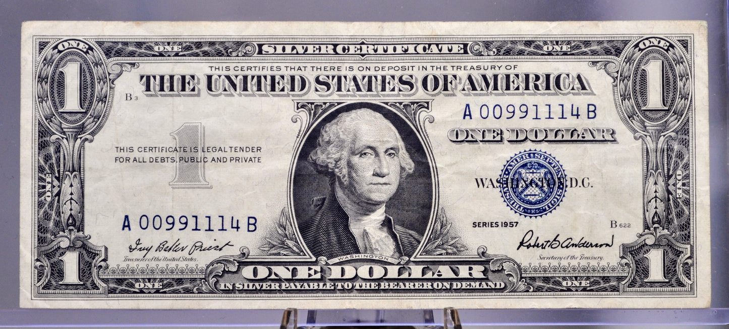 1957 Silver Certificate 1 Dollar Note - Low Fancy Repeating Serial Number - 00991114 - 1957 One Dollar Blue Seal Banknote - Fr#1619