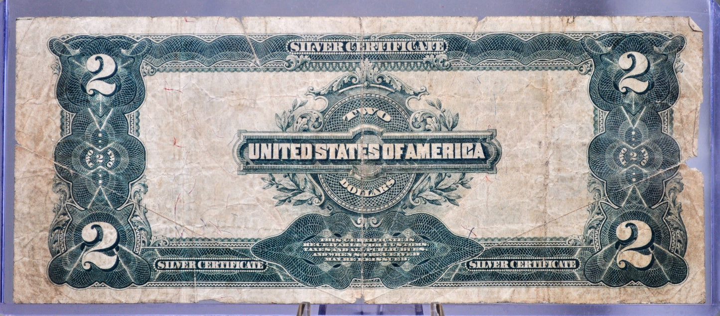 1899 Silver Certificate 2 Dollar Large Note - Very Good (VG) - Rare Mini Porthole 2 Dollars - 1899 Silver Two Dollar Banknote - Fr#258