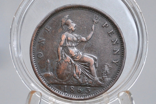 1863 Great Britain One Penny -  XF Condition - UK Large Penny 1863 - Queen Victoria 1 Penny - Bronze - UK penny 1863