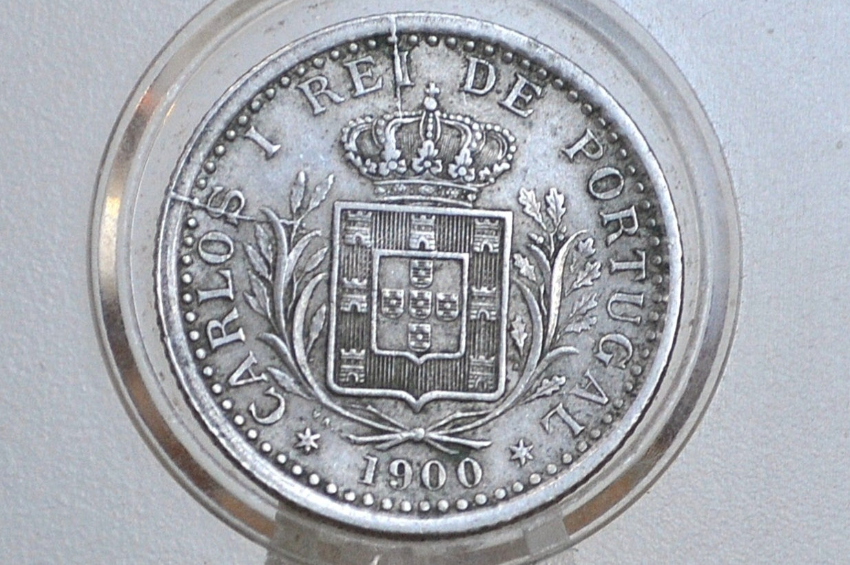 1900 Portuguese 100 Reis Portugal - XF/AU Condition, Rare Die Break on Obverse - Republica Portugesa One Hundred Reis 1900 - Old Portuguese Coin