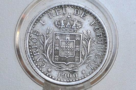1900 Portuguese 100 Reis Portugal - XF/AU Condition, Rare Die Break on Obverse - Republica Portugesa One Hundred Reis 1900 - Old Portuguese Coin