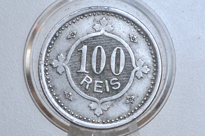 1900 Portuguese 100 Reis Portugal - XF/AU Condition, Rare Die Break on Obverse - Republica Portugesa One Hundred Reis 1900 - Old Portuguese Coin