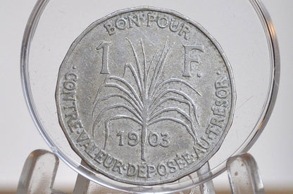 RARE 1903 1 Franc, Guadeloupe - XF Condition - Low Mintage - French Dependency -
