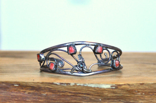 Sterling Silver Native Southwest Floral Coral Cuff Bracelet - Stamped and Tested Sterling Silver - Zuni Bracelets