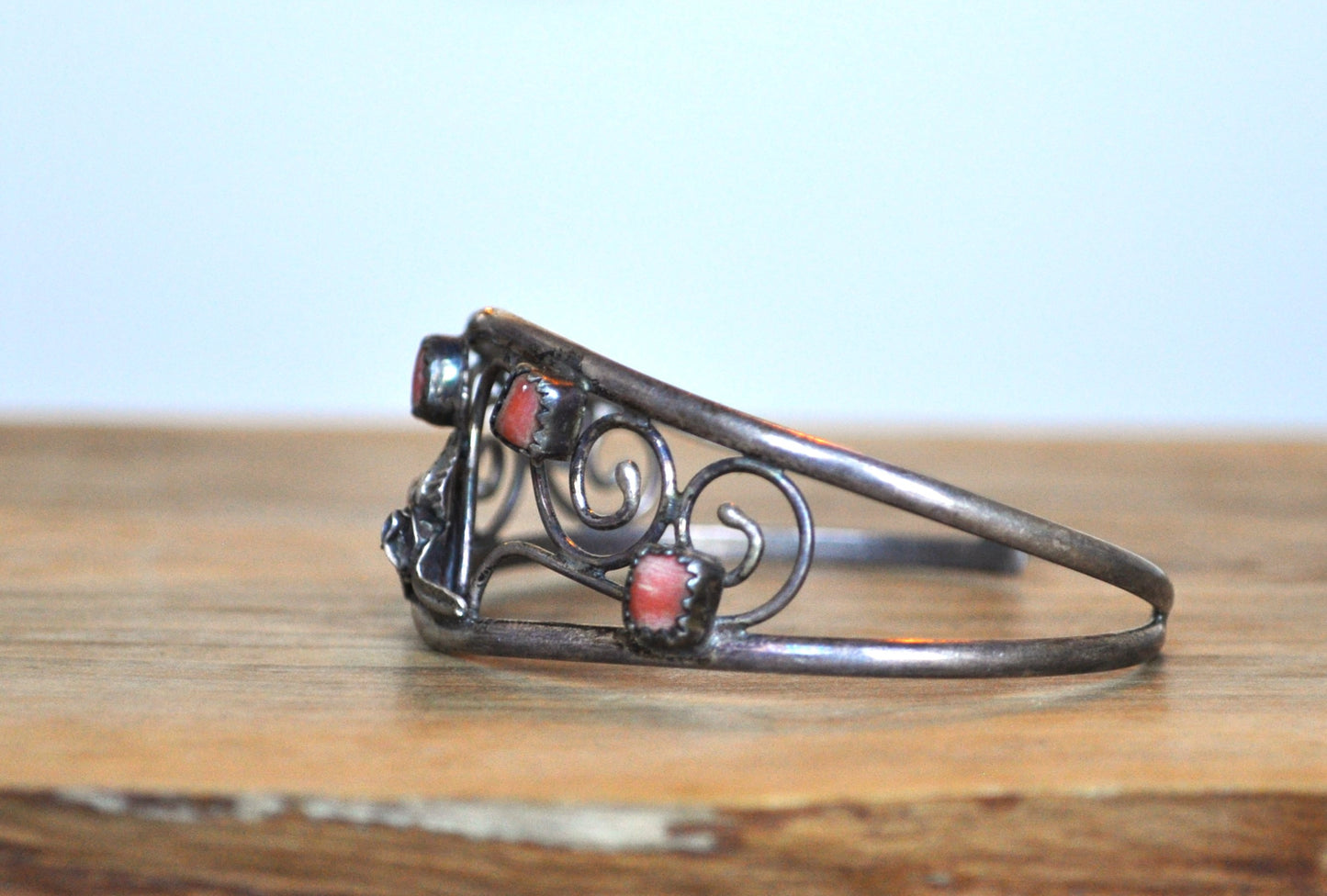 Sterling Silver Native Southwest Floral Coral Cuff Bracelet - Stamped and Tested Sterling Silver - Zuni Bracelets