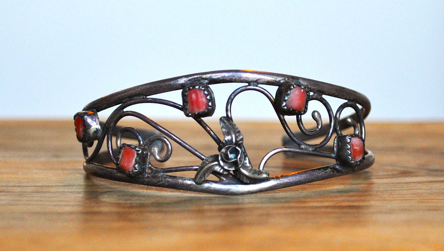 Sterling Silver Native Southwest Floral Coral Cuff Bracelet - Stamped and Tested Sterling Silver - Zuni Bracelets