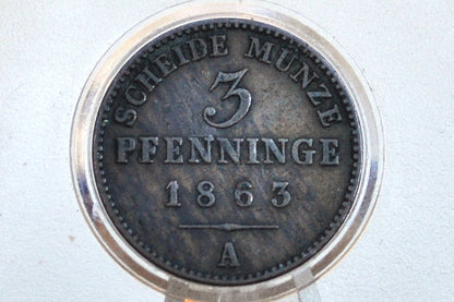 1863 Kingdom of Prussia 3 Pfennig - XF Condition - Berlin Mint - William I of Prussia - 1/120th Thaler -