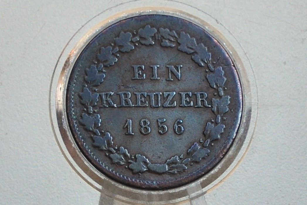 Rarer 1856 German States 1 Kreuzer - Duchy of Nassau - Fine+ Grade - Duke Adolphus - Only 300k Minted -