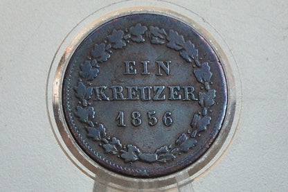 Rarer 1856 German States 1 Kreuzer - Duchy of Nassau - Fine+ Grade - Duke Adolphus - Only 300k Minted -