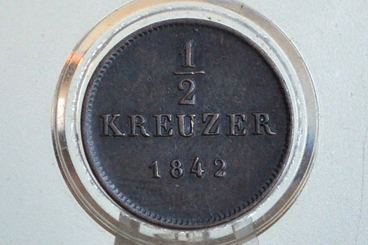 Rarer 1842 German States 1/2 Kreuzer - Kingdom of Wurttemberg - XF/AU Grade - King William I - Only 400k Minted -