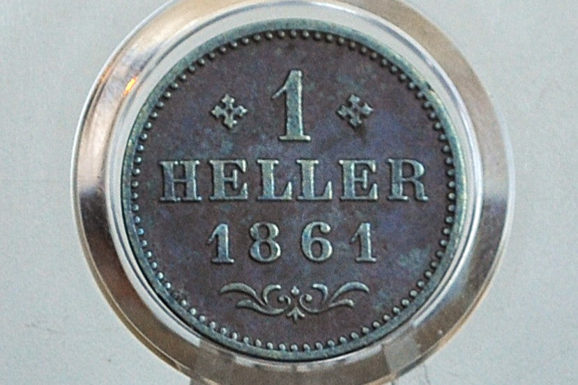Rarer 1861 German States 1 Heller - Imperial City of Frankfurt - F/VF Condition - Only 378k Minted -